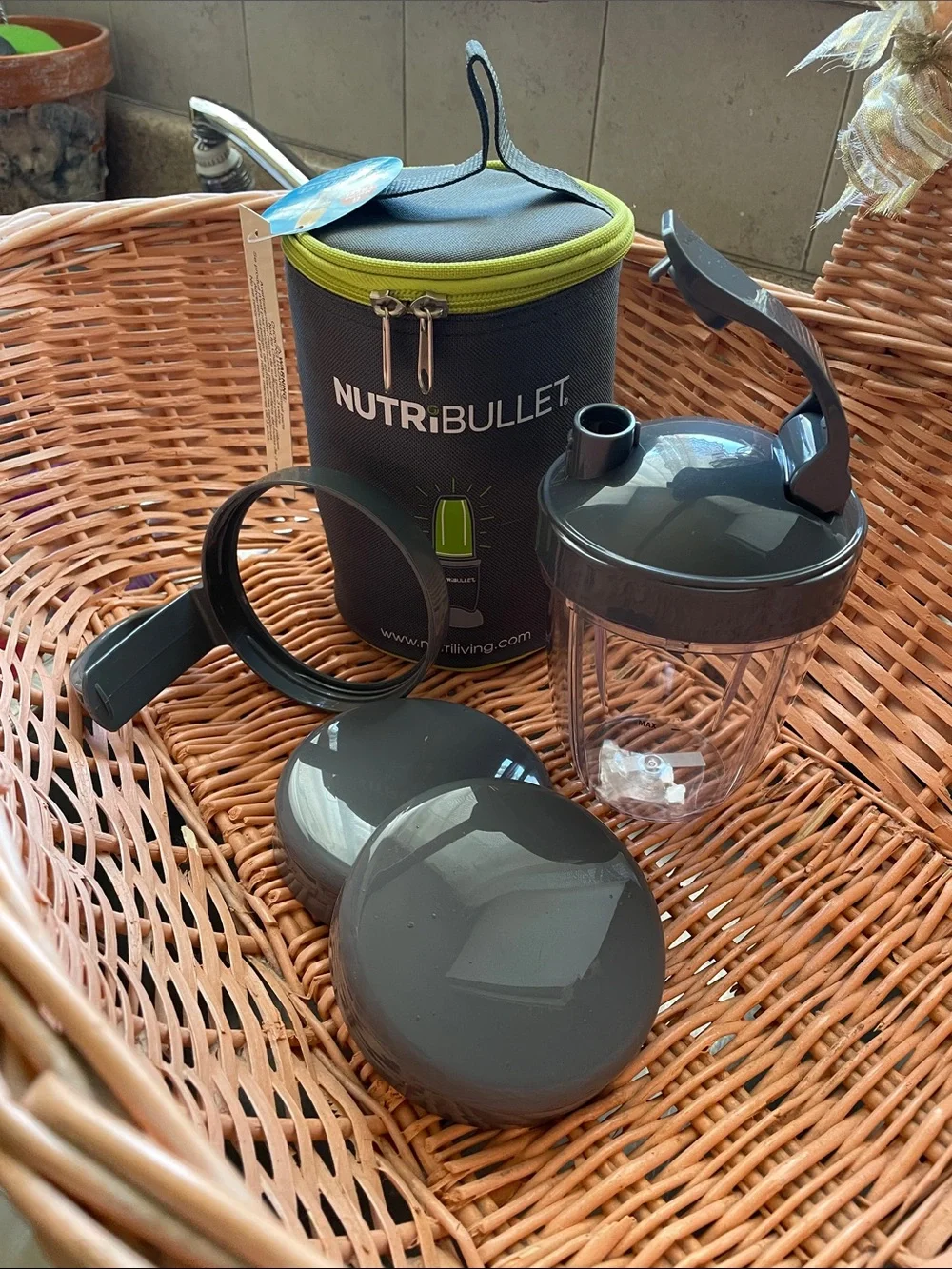 NutriBullet Gray and Lime Green Accessory Pouch with Attachments
